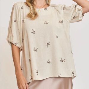 NWT UMGEE Bohemian Cream Embroidered Bow Puff Sleeve Linen Top S M L
